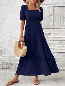 EMERY ROSE Vestido largo con escote cuadrado, mangas abullonadas, volantes en la baja y largo maxi, para vacaciones y playa para mujeres - Azul Marino - Ver 7