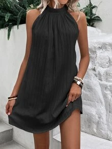 EMERY ROSE Solid Color Halter Neck Sleeveless Dress Vacation Beach Outfits Women - Black - View 3