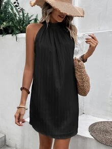 EMERY ROSE Solid Color Halter Neck Sleeveless Dress Vacation Beach Outfits Women - Black - View 5