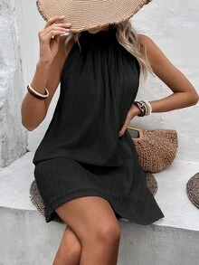 EMERY ROSE Solid Color Halter Neck Sleeveless Dress Vacation Beach Outfits Women - Black - View 7