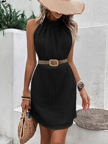 EMERY ROSE Solid Color Halter Neck Sleeveless Dress Vacation Beach Outfits Women - Black - View 6