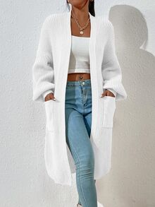 SHEIN 双口袋落肩开衫、长袖上衣 - 白色 - 查看 5