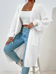 SHEIN 双口袋落肩开衫、长袖上衣 - 白色 - 查看 6