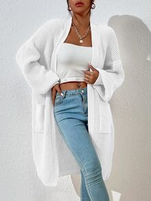 SHEIN 双口袋落肩开衫、长袖上衣 - 白色 - 查看 9