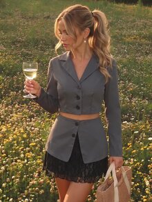 SHEIN MOD Women's Lapel NeckShort Sleeve Jacket And Contrast Lace Skirt Suit Set - Dark Grey - View 2