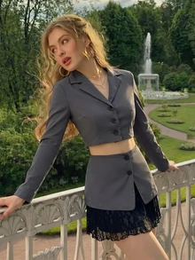 SHEIN MOD Women's Lapel NeckShort Sleeve Jacket And Contrast Lace Skirt Suit Set - Dark Grey - View 1