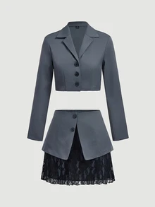 SHEIN MOD Women's Lapel NeckShort Sleeve Jacket And Contrast Lace Skirt Suit Set - Dark Grey - View 3