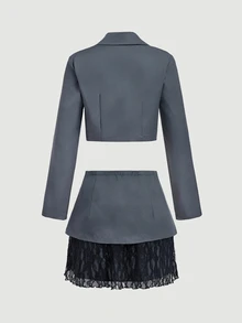 SHEIN MOD Women's Lapel NeckShort Sleeve Jacket And Contrast Lace Skirt Suit Set - Dark Grey - View 6