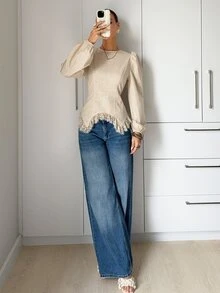 Siren Gaze Women's Elegant French Solid Color Lace Patchwork Blouse Brunch Tan Autumn - Apricot - View 5