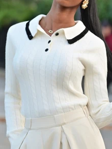 Mima John 女士修身Polo领套头毛衣，学院风针织套头衫，秋冬款 - 白色 - 查看 3