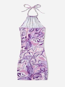 SHEIN ICON 90s Marble Print Ruched Graphic Bodycon Dress,Pastel Dresses For Women - Lilac Purple - View 2
