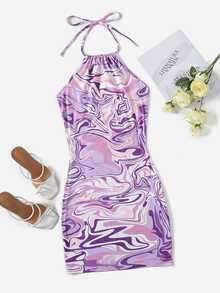 SHEIN ICON 90s Marble Print Ruched Graphic Bodycon Dress,Pastel Dresses For Women - Lilac Purple - View 1
