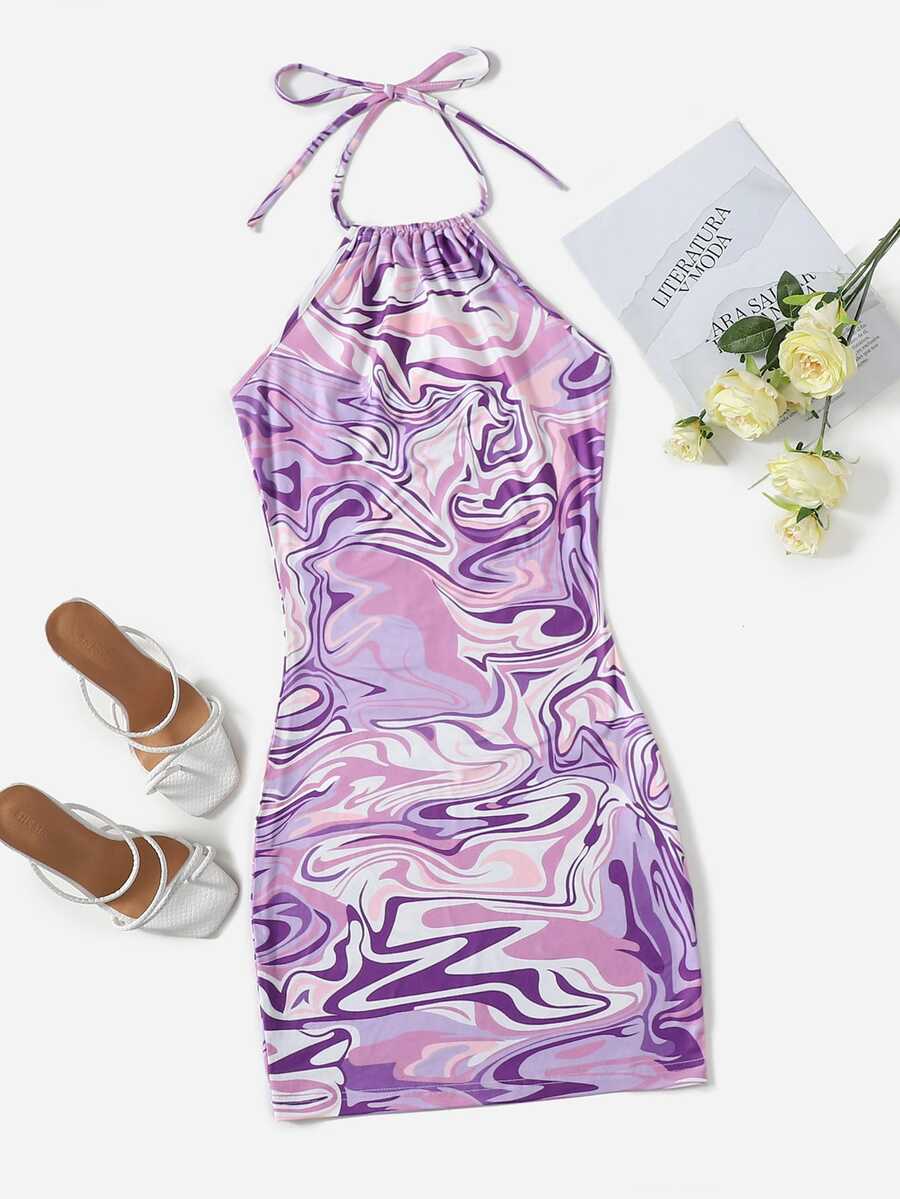 SHEIN ICON 90s Marble Print Ruched Graphic Bodycon Dress,Pastel Dresses For Women - Lilac Purple - View 1