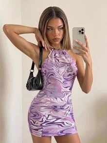 SHEIN ICON 90s Marble Print Ruched Graphic Bodycon Dress,Pastel Dresses For Women - Lilac Purple - View 3