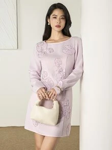 Heiryn Women's 3D Floral Decor Casual Romantic Elegant Daily Summer Dress Wedding Party Mother Of The Bride Dusty Pink - Pink - View 8