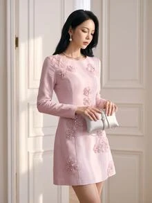 Heiryn Women's 3D Floral Decor Casual Romantic Elegant Daily Summer Dress Wedding Party Mother Of The Bride Dusty Pink - Pink - View 3
