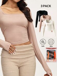 SHEIN BASICS 3 Buah Kaos Wanita - MultiWarna - View 2