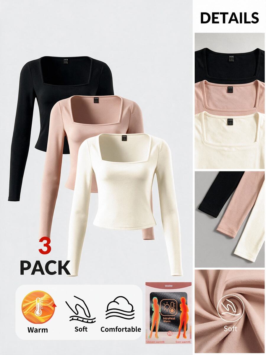 SHEIN BASICS 3 Buah Kaos Wanita - MultiWarna - View 1