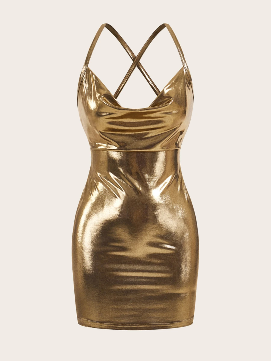 SHEIN ICON Draped Collar Bodycon Mini Cami Dress With Wrapped Chest - Gold - View 1