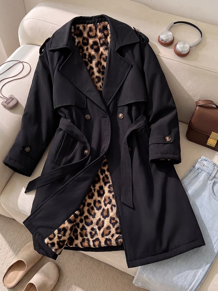SHEIN معطف طويل بنمط الفهد بطبقة حرارية داخلية، أسود منسوج، بياقة مزدوجة الصدر، فضفاض، بأسلوب عسكري كاجوال، مناسب للتنقل والملابس الشارعية، للخريف/الشتاء، للبنات المراهقات - الأسود - مشاهدة 2