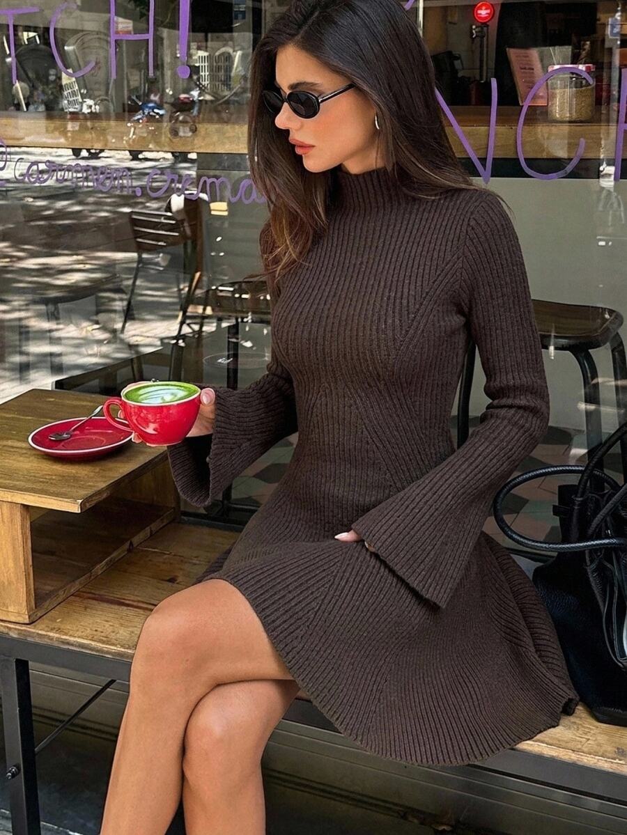Aloruh Women's Autumn/Winter New Ribbed Dark Brown A-Line Long Sleeve Sweater Dress Work Everyday Daily Casual - Brown - View 1