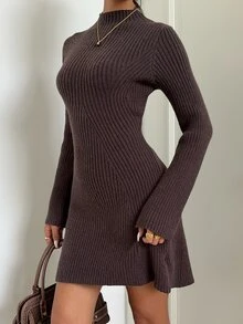 Aloruh Women's Autumn/Winter New Ribbed Dark Brown A-Line Long Sleeve Sweater Dress Work Everyday Daily Casual - Brown - View 5