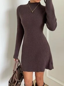 Aloruh Women's Autumn/Winter New Ribbed Dark Brown A-Line Long Sleeve Sweater Dress Work Everyday Daily Casual - Brown - View 4