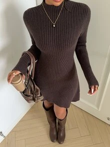 Aloruh Women's Autumn/Winter New Ribbed Dark Brown A-Line Long Sleeve Sweater Dress Work Everyday Daily Casual - Brown - View 7