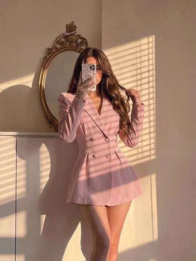 SHEIN MOD Vestido Blazer Curto Feminino Rosa com Abotoamento Duplo, Gola de Lapela, Manga Longa e Bainha Evasê, Estilo Doce, Fofo e Elegante para Meninas, Outono, Festa de Natal e Saídas