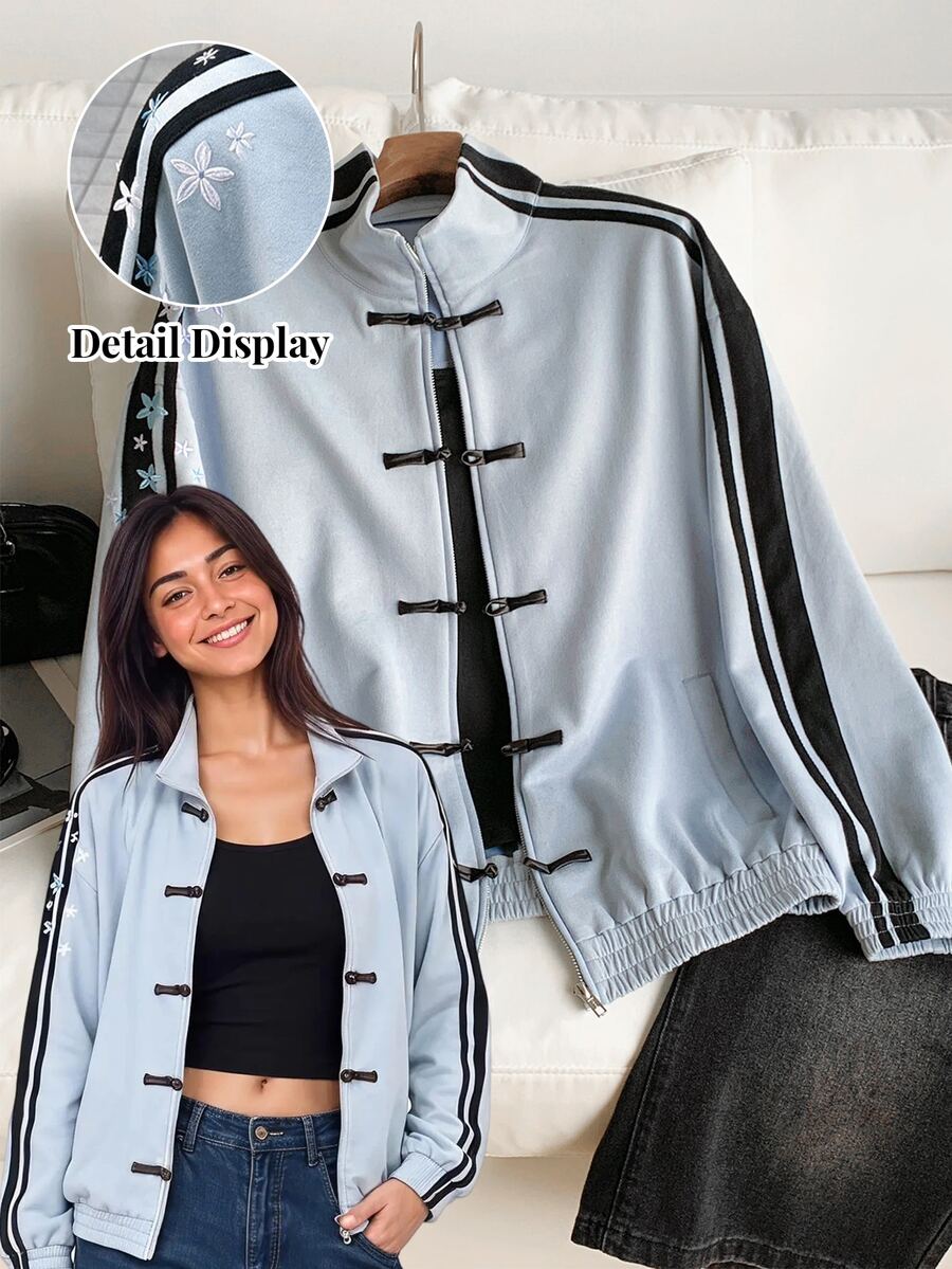 Comfortcana Women's Colorblock Button-Up Casual Streetwear Versatile Everyday Jacket Everyday Road Trip Blue Autumn