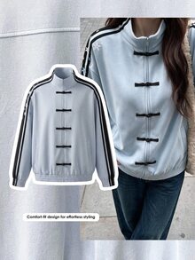 Comfortcana Women's Colorblock Button-Up Casual Streetwear Versatile Everyday Jacket Everyday Road Trip Blue Autumn - Blue - View 4