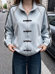 Comfortcana Women's Colorblock Button-Up Casual Streetwear Versatile Everyday Jacket Everyday Road Trip Blue Autumn - Blue - View 8