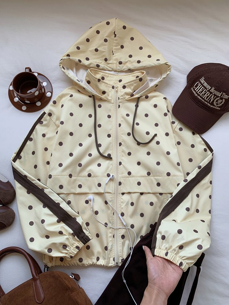 Comfortcana Women's Polka Dot Pattern Long Sleeve Zipper Front Hooded Jacket Road Trip Travel Brown Polka Dot Autumn Casual Athleisure Streetwear - Multicolor - View 6