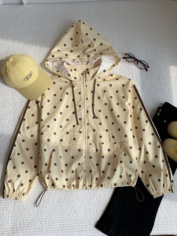 Comfortcana Women's Polka Dot Pattern Long Sleeve Zipper Front Hooded Jacket Road Trip Travel Brown Polka Dot Autumn Casual Athleisure Streetwear - Multicolor - View 8