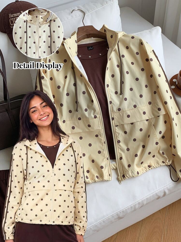 Comfortcana Women's Polka Dot Pattern Long Sleeve Zipper Front Hooded Jacket Road Trip Travel Brown Polka Dot Autumn Casual Athleisure Streetwear - Multicolor - View 9