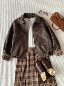 Comfortcana Jaket Kasual Longgar Wanita dari Kulit PU dengan Resleting Depan - Putih - View 6