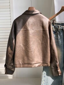Comfortcana Jaket Kasual Longgar Wanita dari Kulit PU dengan Resleting Depan - Putih - View 2