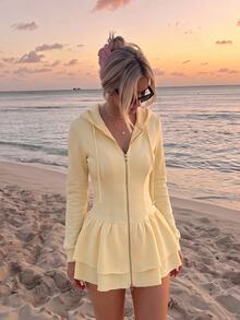 SHEIN MOD Sweatshirt Hoodie Wanita Streetwear Lengan Panjang dengan Resleting dan Hem Berlapis-lapis - Kuning - View 4