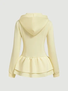 SHEIN MOD Sweatshirt Hoodie Wanita Streetwear Lengan Panjang dengan Resleting dan Hem Berlapis-lapis - Kuning - View 6