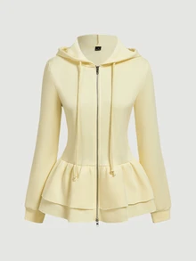 SHEIN MOD Sweatshirt Hoodie Wanita Streetwear Lengan Panjang dengan Resleting dan Hem Berlapis-lapis - Kuning - View 5