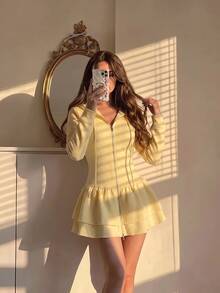 SHEIN MOD Sweatshirt Hoodie Wanita Streetwear Lengan Panjang dengan Resleting dan Hem Berlapis-lapis - Kuning - View 2