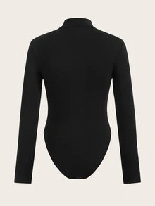SHEIN ICON Letter Graphic Contrast Piping Half Zip Bodysuit - Black - View 2