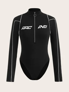 SHEIN ICON Letter Graphic Contrast Piping Half Zip Bodysuit - Black - View 1