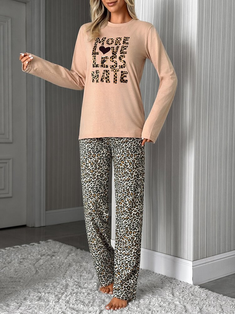 SHEIN Cotton Line Women Leopard Letter & Heart Print Long Sleeve High Waist 2 Pcs Pajama Set – Multicolor - Multicolor - View 7