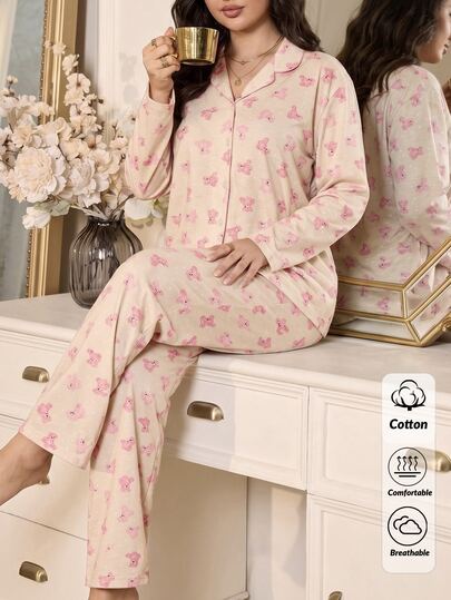 SHEIN PLUS SIZE Women 2 Pcs Button Front With BEAR&POLKA DOT Pattern Homewear Cute Pajama Set