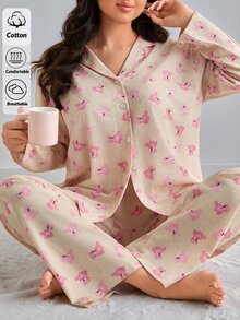 SHEIN PLUS SIZE Women 2 Pcs Button Front With BEAR&POLKA DOT Pattern Homewear Cute Pajama Set - Multicolor - View 9
