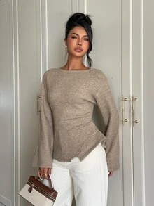 Aloruh Atasan Rajut Lengan Panjang Minimalis dan Nyaman untuk Perjalanan Musim Gugur/Musim Dingin - Sweater Lapisan Dasar Berwarna Aprikot Elegan dengan Hem Asimetris - Khaki - View 7