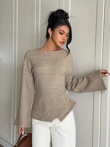 Aloruh Atasan Rajut Lengan Panjang Minimalis dan Nyaman untuk Perjalanan Musim Gugur/Musim Dingin - Sweater Lapisan Dasar Berwarna Aprikot Elegan dengan Hem Asimetris - Khaki - View 6