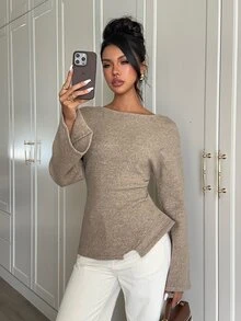 Aloruh Atasan Rajut Lengan Panjang Minimalis dan Nyaman untuk Perjalanan Musim Gugur/Musim Dingin - Sweater Lapisan Dasar Berwarna Aprikot Elegan dengan Hem Asimetris - Khaki - View 8