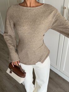 Aloruh Atasan Rajut Lengan Panjang Minimalis dan Nyaman untuk Perjalanan Musim Gugur/Musim Dingin - Sweater Lapisan Dasar Berwarna Aprikot Elegan dengan Hem Asimetris - Khaki - View 9